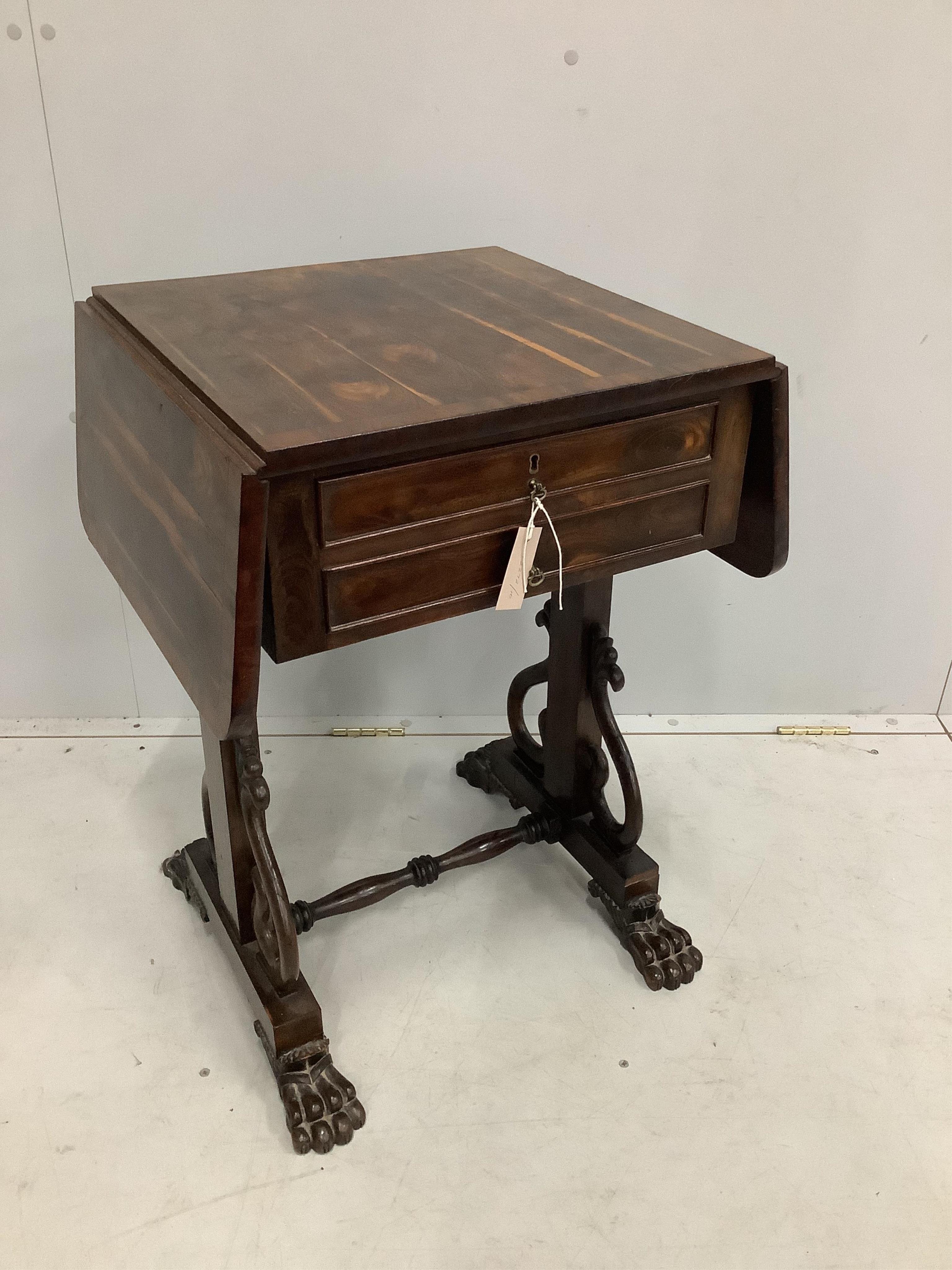 A William IV laburnum drop leaf work table, width 48cm, depth 46cm, height 72cm. Condition - fair